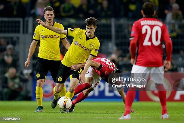 Lukasz Piszczek of Borussia Dortmund, Julian Weigl of Borussia Dortmund, David Meza of Qabala during the Europa League group C match between Borussia...