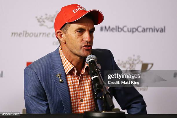 Jockey Dwayne Dunn speaks to the media during an Emirates Stakes Day Media Conference at Crown Casino on November 6, 2015 in Melbourne, Australia.