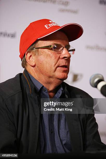 Trainer Robert Smerdon speaks to the media during an Emirates Stakes Day Media Conference at Crown Casino on November 6, 2015 in Melbourne, Australia.