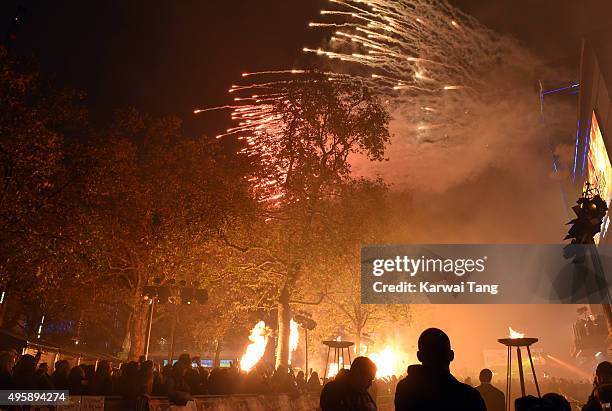 Fireworks during the Hunger Games: Mockingjay Part 2 - UK Premiere at Odeon Leicester Square on November 5, 2015 in London, England.