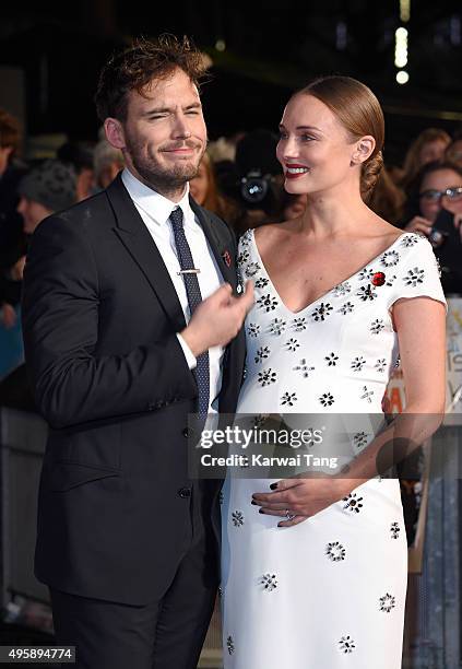 Sam Claflin and Laura Haddock attend The Hunger Games: Mockingjay Part 2 - UK Premiere at Odeon Leicester Square on November 5, 2015 in London,...