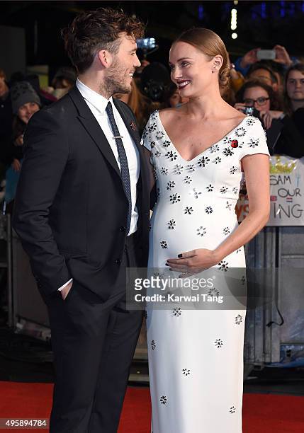 Sam Claflin and Laura Haddock attend The Hunger Games: Mockingjay Part 2 - UK Premiere at Odeon Leicester Square on November 5, 2015 in London,...