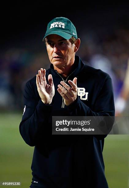 Head coach Art Briles of the Baylor Bears claps during warm-ups prior to the game against the Kansas State Wildcats at Bill Snyder Family Football...