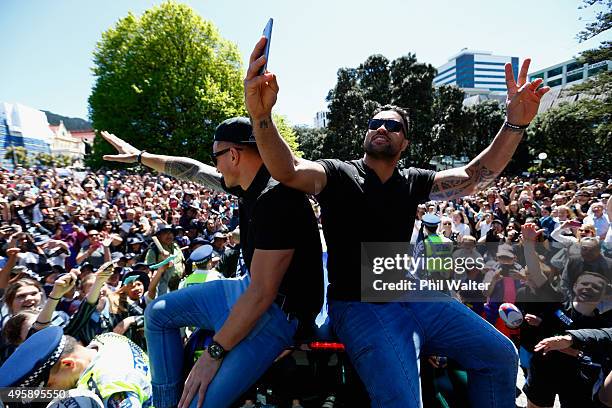 Sonny Bill Williams and Liam Messam of the All Blacks during the New Zealand All Blacks Welcome Home Celebrations on November 6, 2015 in Wellington,...