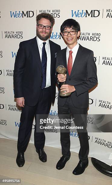 Actor Seth Rogen and Honnoree Kenneth Shinozuka attend the 2015 Health Hero Awards hosted by WebMD at The Times Cente on November 5, 2015 in New York...