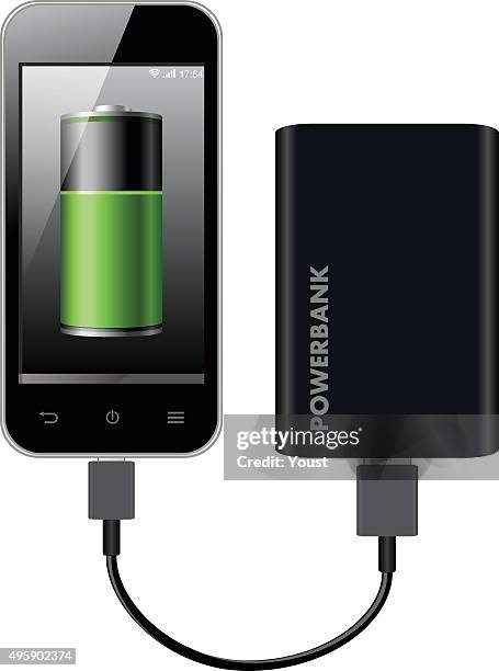 stockillustraties, clipart, cartoons en iconen met smart phone charging using power bank - usb cord