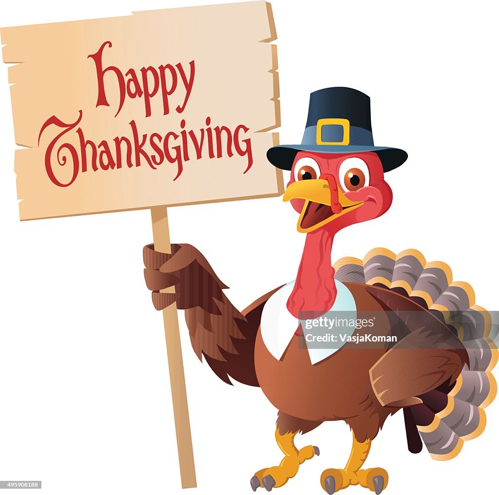 Thanksgiving Pilgrim Turkey Holding Sign - Cartoon