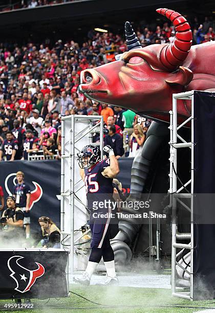 Jay Prosch of the Houston Texans is introduced before playing against the Tennessee Titans on November 1, 2015 at NRG Stadium in Houston, Texas....