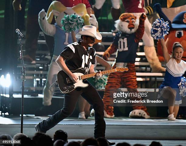 Brad Paisley performs at the 49th annual CMA Awards at the Bridgestone Arena on November 4, 2015 in Nashville, Tennessee.