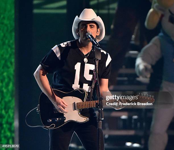 Brad Paisley performs at the 49th annual CMA Awards at the Bridgestone Arena on November 4, 2015 in Nashville, Tennessee.