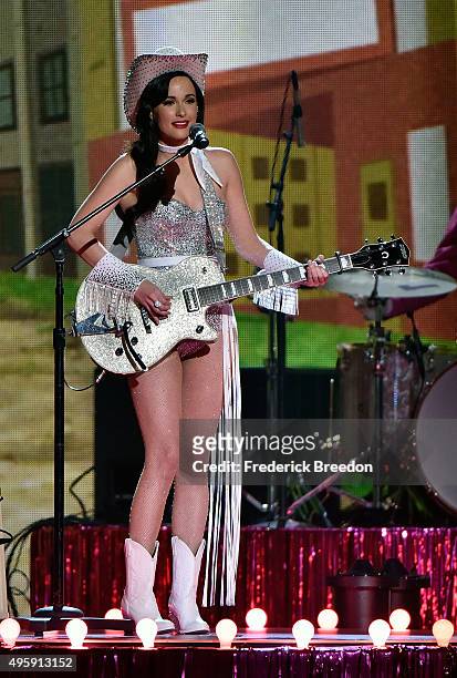 Kacey Musgraves performs the song ÒDime Store CowgirlÓ at the 49th annual CMA Awards at the Bridgestone Arena on November 4, 2015 in Nashville,...