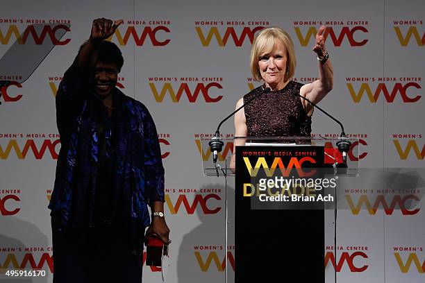 Journalists and honorees Judy Woodruff and Gwen Ifill accept Lifetime Achievement Awards onstage at The Women's Media Center 2015 Women's Media...