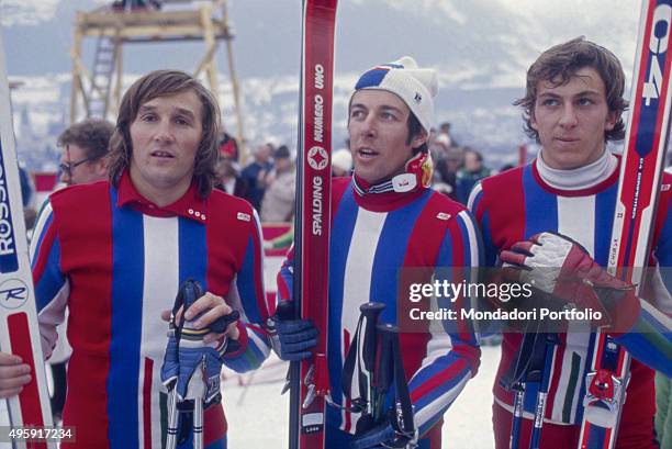 Italian skiers Piero Gros, Gustav Thoeni and Paolo De Chiesa taking part in a competition. 1975