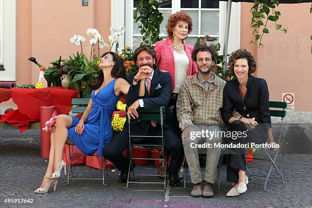 Italian actors Bianca Guaccero, Sergio Assisi, Simona Marchini, Daniele Pecci and Chiara Ricci posing during a photo shoot realized on the set of...