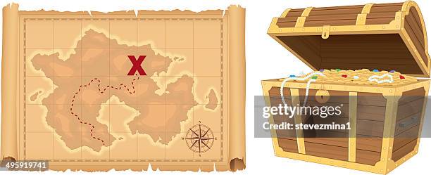 stockillustraties, clipart, cartoons en iconen met treasure map and treasure - schatkist