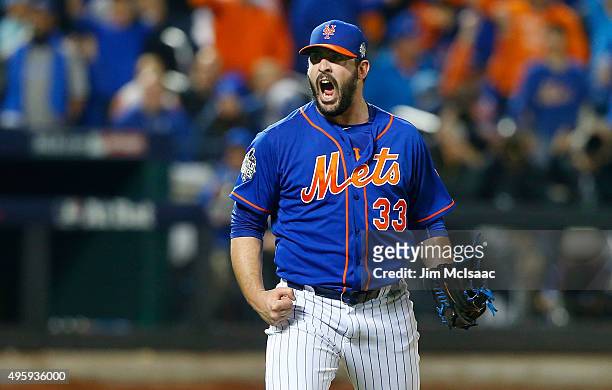 Matt Harvey of the New York Mets reacts after the final out of the fourth inning against the Kansas City Royals during game five of the 2015 World...
