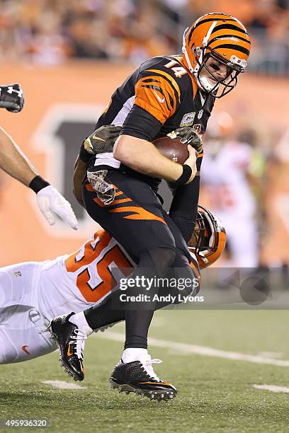 Armonty Bryant of the Cleveland Browns sacks Andy Dalton of the Cincinnati Bengals during the third quarter at Paul Brown Stadium on November 5, 2015...