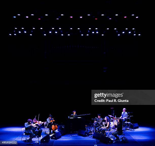 Musicians Rob Moose, Nadia Sirota, Gabriel Cabezas, Hideaki Aomori, Alex Sopp, and CJ Camerieri of yMusic perform onstage with Ben Folds at The...