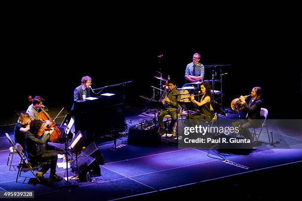 Musicians Rob Moose, Nadia Sirota, Gabriel Cabezas, Hideaki Aomori, Alex Sopp, and CJ Camerieri of yMusic perform onstage with Ben Folds at The...