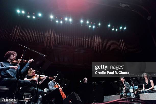 Musicians Rob Moose, Nadia Sirota, Gabriel Cabezas, Hideaki Aomori, and Alex Sopp of yMusic perform onstage with Ben Folds at The Tabernacle on...