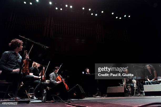 Musicians Rob Moose, Nadia Sirota, Gabriel Cabezas, Hideaki Aomori, and Alex Sopp of yMusic perform onstage with Ben Folds at The Tabernacle on...