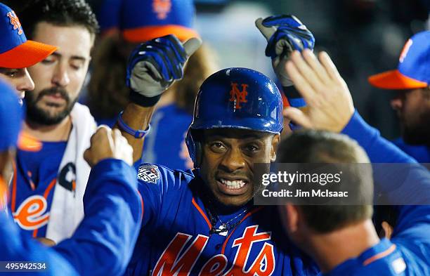 Curtis Granderson of the New York Mets celebrates his first inning home run against the Kansas City Royals during game five of the 2015 World Series...