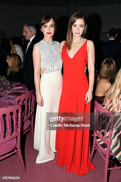 Dakota Johnson and Emily Blunt attend the 2015 Guggenheim International Gala Dinner made possible by Dior at Solomon R. Guggenheim Museum on November...