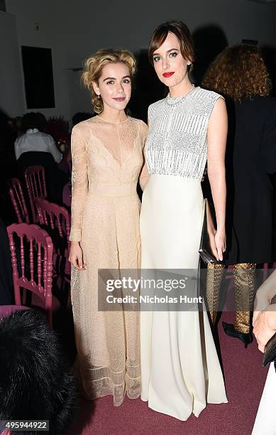 Kiernan Shipka and Dakota Johnson attend the 2015 Guggenheim International Gala Dinner made possible by Dior at Solomon R. Guggenheim Museum on...