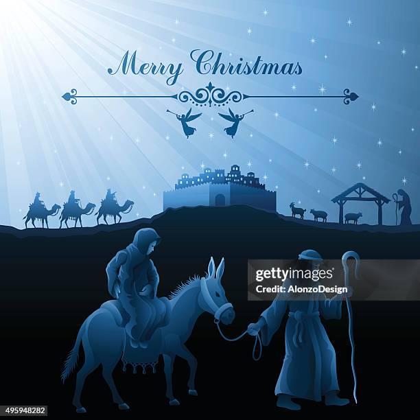 nativity scene - jesus riding on a donkey stock illustrations