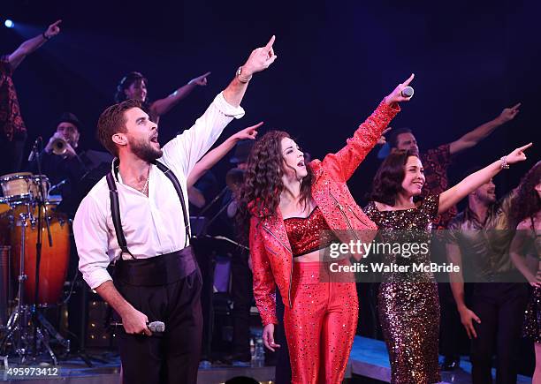 Josh Segarra, Ana Villafane, Andrea Burns and cast during the Broadway opening night curtain call bows for 'On Your Feet' at the Marquis Theatre on...