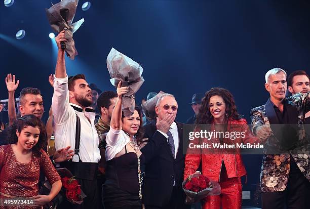 Sergio Trujillo, Josh Segarra, Gloria Estefan, Emilio Estefan, Ana Villafane, Jerry Mitchell and cast during the Broadway opening night curtain call...