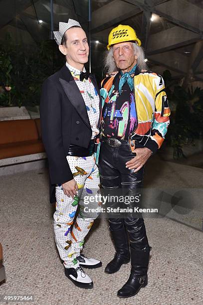 Designer Jeremy Scott and James Goldstein attend Jeremy Scott For Longchamp 10th Anniversary held at a Private Residence on November 5, 2015 in...