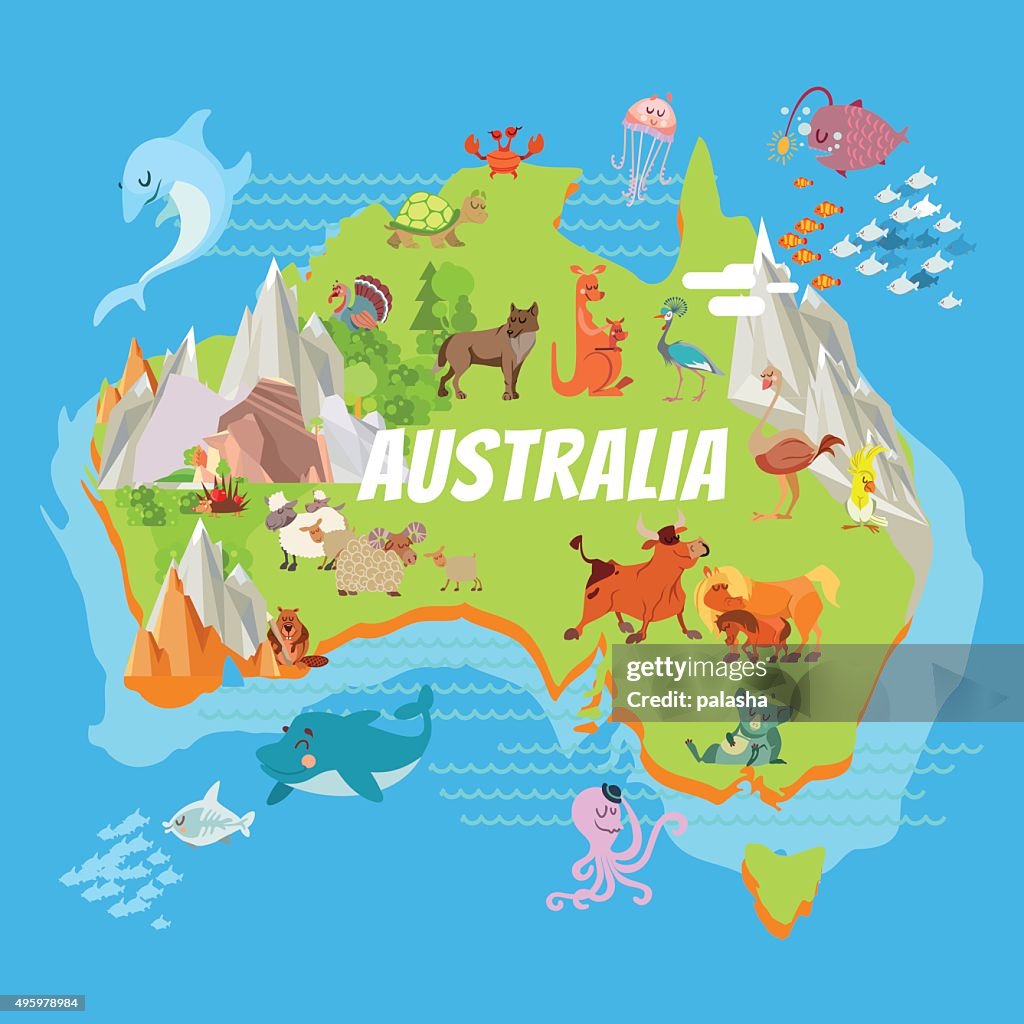 Cartoon Australia Map With Animals High-Res Vector Graphic - Getty Images