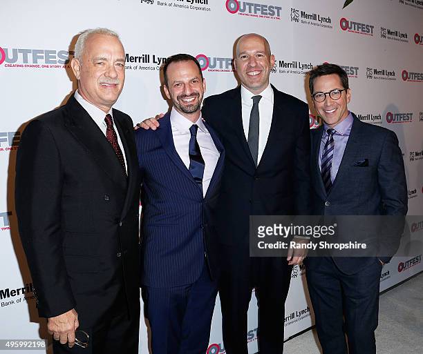 Actor Tom Hanks, Ari Karpel, Peter Gal and Dan Bucatinsky arrive to the 2015 Outfest Legacy Awards at Vibiana on November 5, 2015 in Los Angeles,...