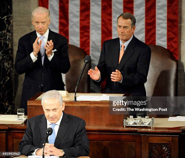 May 24: With Vice President Joe Biden and Speaker of the House John Boehner behind, Israeli Prime Minister Benjamin Netanyahu delivers a speech to a...
