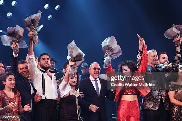 Sergio Trujillo, Josh Segarra, Gloria Estefan, Emilio Estefan, Ana Villafane, Jerry Mitchell and Andrea Burns during the Broadway opening night...