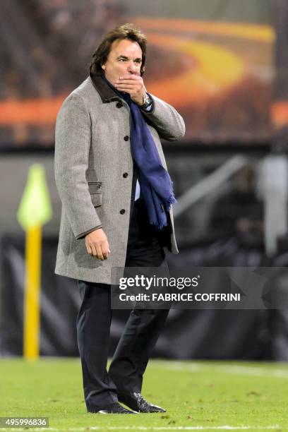 Sion's president Christian Constantin looks on at the end of the UEFA Europa League group B football match between FC Sion and FC Girondins de...