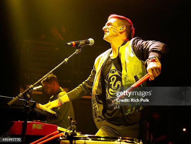 Musician Nicholas Petricca of Walk the Moon performs at the Fallout 4 video game launch event in downtown Los Angeles on November 5, 2015 in Los...