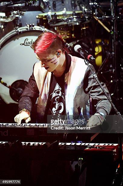 Musician Nicholas Petricca of Walk the Moon performs at the Fallout 4 video game launch event in downtown Los Angeles on November 5, 2015 in Los...