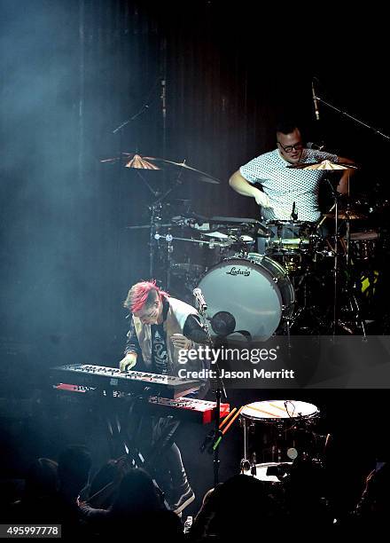 Musicians Nicholas Petricca and Sean Waugaman of Walk the Moon perform at the Fallout 4 video game launch event in downtown Los Angeles on November...