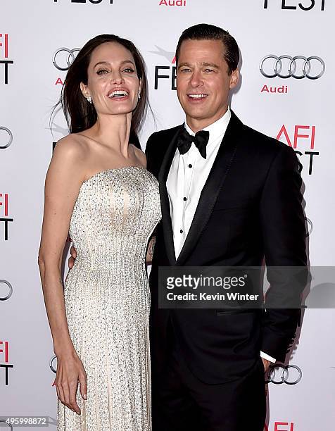Actress/director Angelina Jolie Pitt and husband actor Brad Pitt arrive at the AFI FEST 2015 presented by Audi opening night gala premiere of...