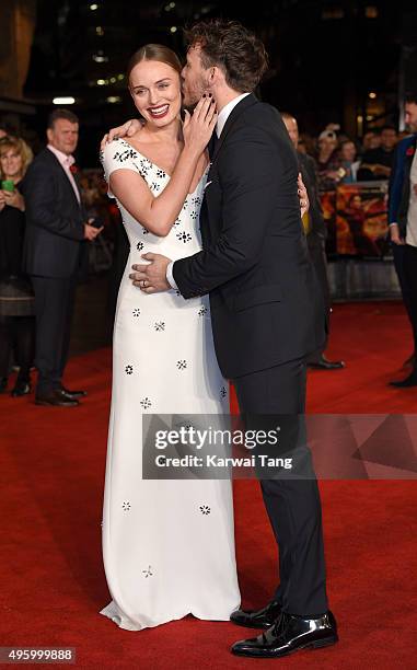 Sam Claflin and Laura Haddock attend The Hunger Games: Mockingjay Part 2 - UK Premiere at Odeon Leicester Square on November 5, 2015 in London,...