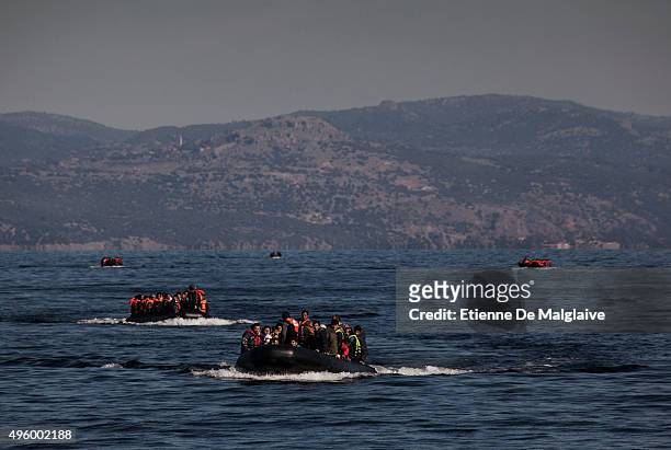 Refugees from Afghanistan and Syria arrive on five boats on the shores of Lesbos on November 3, 2015 near Skala Sikaminias, Greece. Lesbos, the Greek...