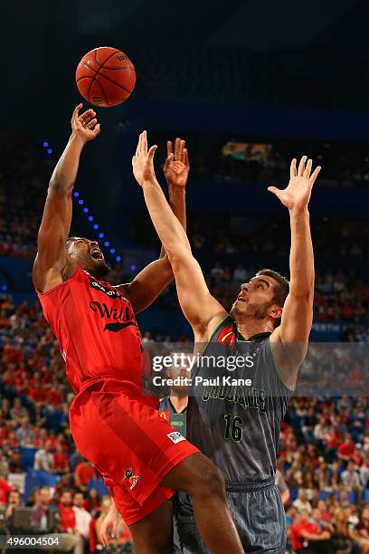 Jermaine Beal of the Wildcats puts up a shot against Mirko Djeric of the Crocodiles during the round five NBL match between Perth Wildcats and...