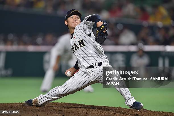 Yasuhiro Ogawa of Japan pitches in the top half of the seventh inning during the send-off friendly match for WBSC Premier 12 between Japan and Puerto...