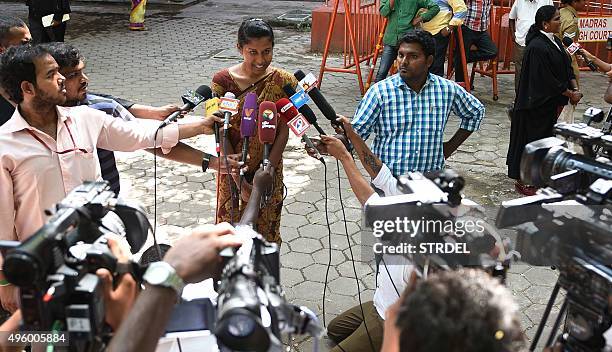 Indian policewoman K Prithika Yashini speaks to media after a judgement cleared legal hurdles allowing her to become India's first transgender Sub...