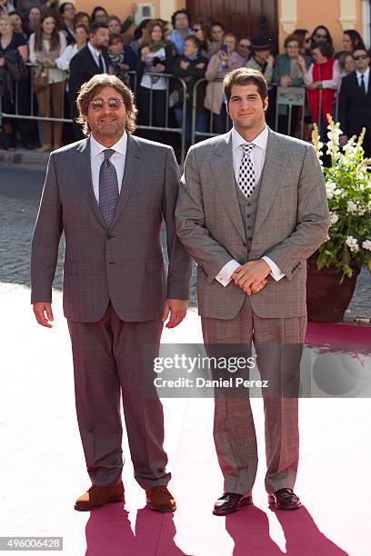 Julian Contreras and Julian Contreras junior attend the wedding of Cayetano Rivera and Eva Gonzalez at Mairena del Alcor on November 6, 2015 in...