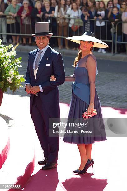 Fran Rivera and Lourdes Montes attend the wedding of Cayetano Rivera and Eva Gonzalez at Mairena del Alcor on November 6, 2015 in Seville, Spain.