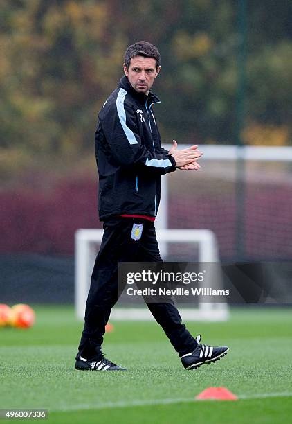 Remi Garde manager of Aston Villa in action during a Aston Villa training session at the club's training ground at Bodymoor Heath on November 06,...