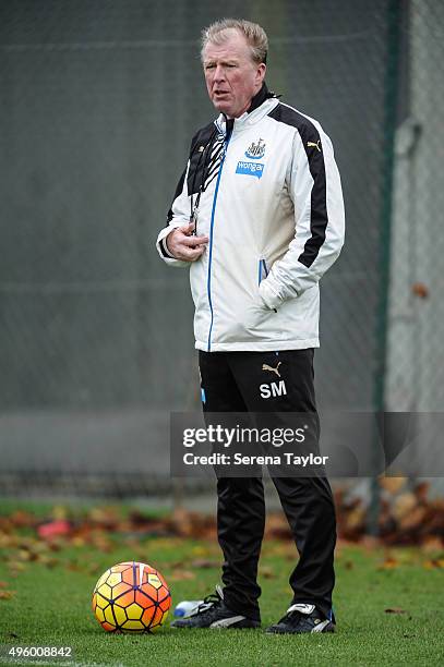Head Coach Steve McClaren stand on the pitch during the Newcastle United Training session at The Newcastle United Training Centre on November 6 in...